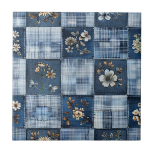 Floral Patchwork Pattern Boho Denim Tile