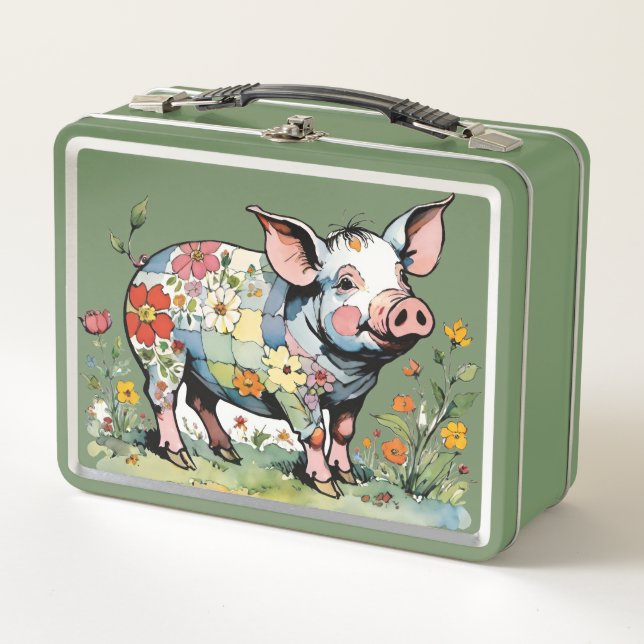 Floral Patchwork Pig With Wildflowers Metal Lunch Box (Front)