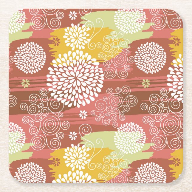 Floral pattern 2 square paper coaster (Front)