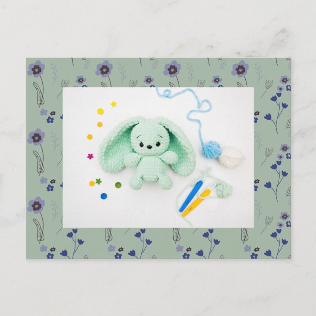 Floral Pattern and Crochet Bunny Postcard (Front)