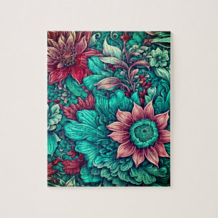 Floral Pattern, Aqua, Teal, Turquoise and Gray Jigsaw Puzzle