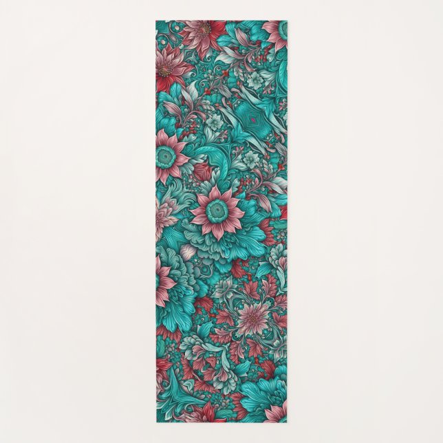 Floral Pattern, Aqua, Teal, Turquoise and Gray Yoga Mat (Front)
