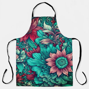 Floral Pattern, Aqua, Teal, Turquoise and Grey Apron