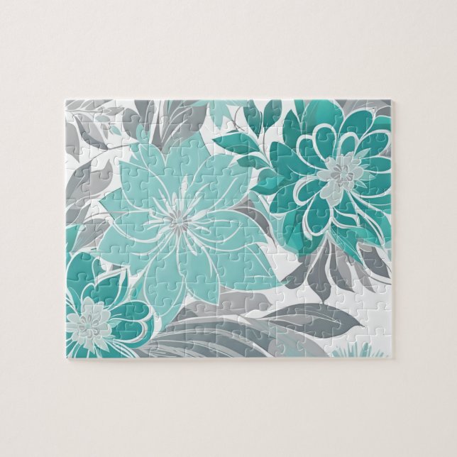 Floral Pattern, Aqua, Teal, Turquoise and Grey Jigsaw Puzzle (Horizontal)