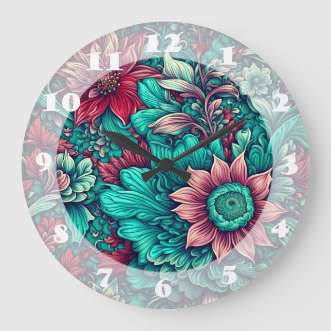 Floral Pattern, Aqua, Teal, Turquoise and Grey Large Clock (Front)