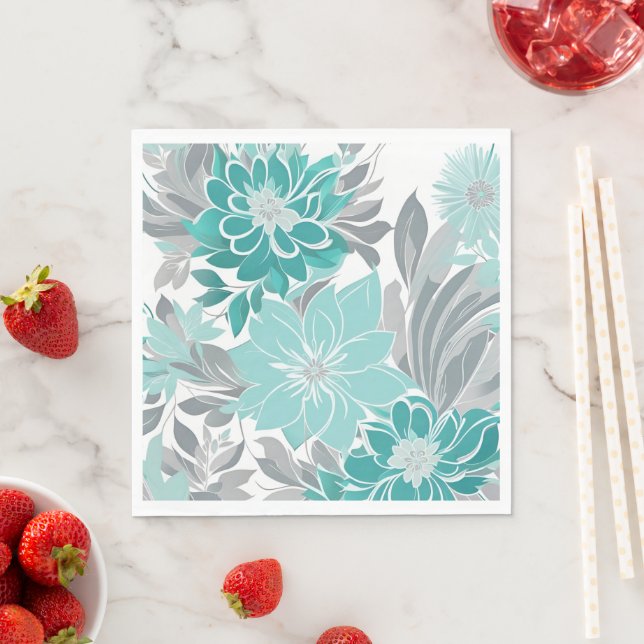 Floral Pattern, Aqua, Teal, Turquoise and Grey Napkin (Insitu)