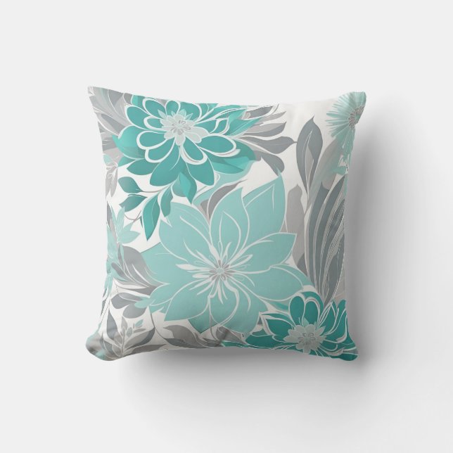 Floral Pattern, Aqua, Teal, Turquoise and Grey Outdoor Pillow (Front)