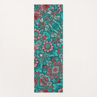 Floral Pattern, Aqua, Teal, Turquoise and Grey Yoga Mat