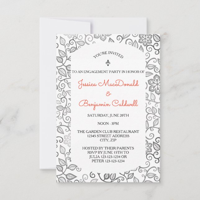 Floral Pattern B&W -3x5Engagement Party Invitation (Front)