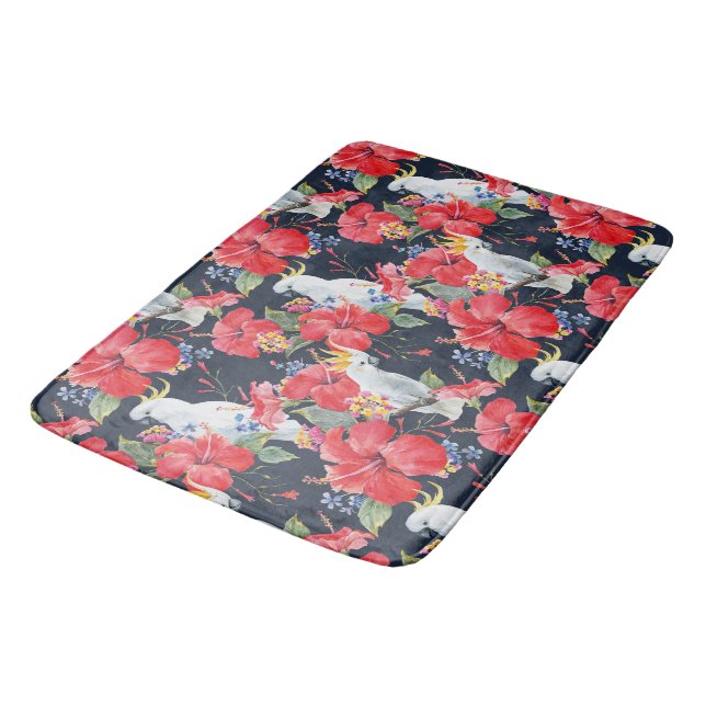 Floral Pattern Birds Flowers Foliage Red Hibiscus  Bath Mat (Angled)