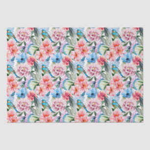 Floral Pattern Birds Foliage Flowers Green Blue Tissue Paper