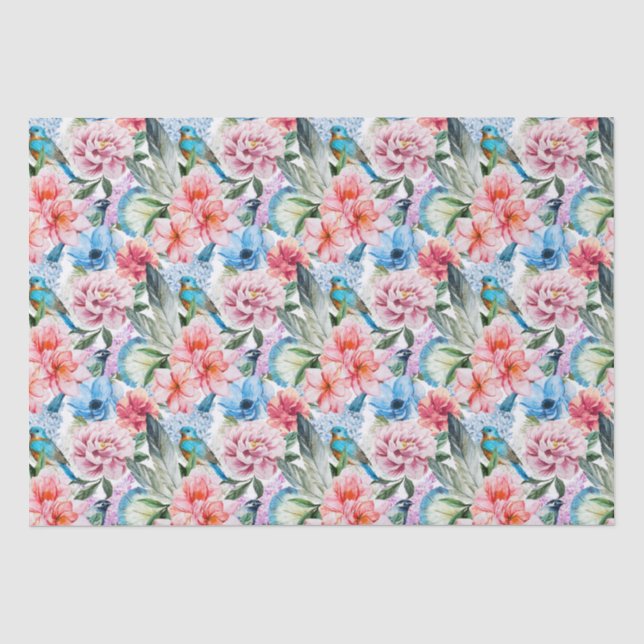 Floral Pattern Birds Foliage Flowers Green Blue  Tissue Paper (Front)