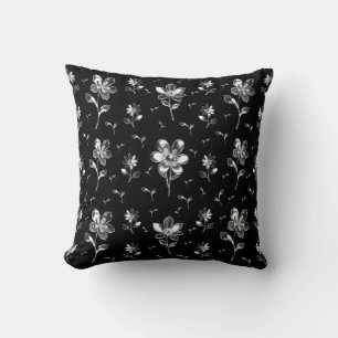 Floral Pattern Black And Silver Double Sided Throw Pillow