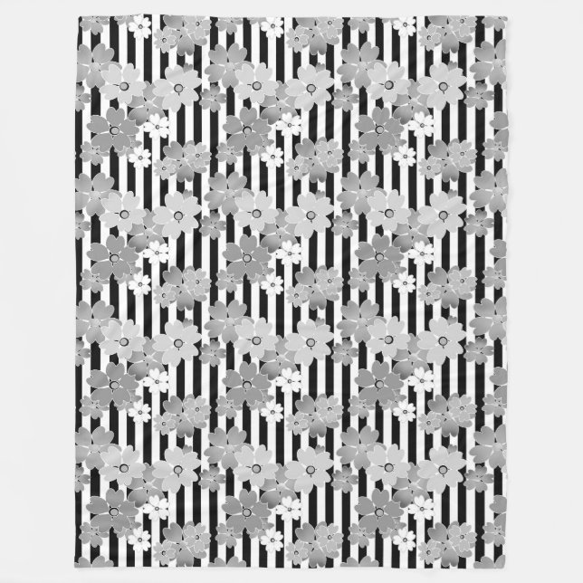 Floral pattern black and white retro striped fleece blanket (Front)