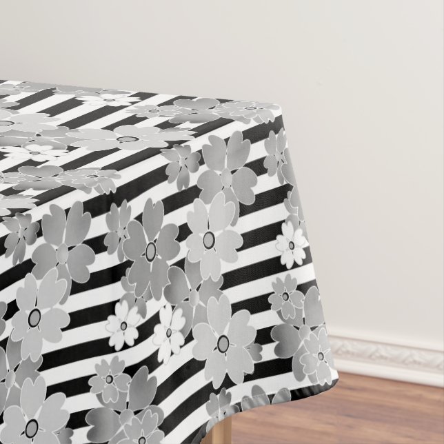Floral pattern black and white retro striped tablecloth (In Situ)