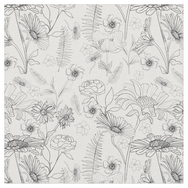 Floral pattern black white daisies roses flower fabric (Close Up)