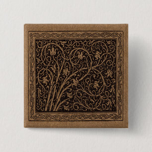 Floral Pattern Brown and Black Swirling Vines 2 Inch Square Button