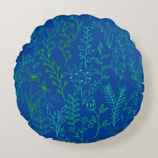 Floral Pattern classic Green tone A02.b Blue Round Pillow (Front)
