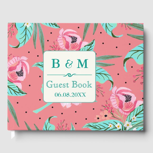 Floral Pattern - Coral Pink Personalized Guestbook (Front)