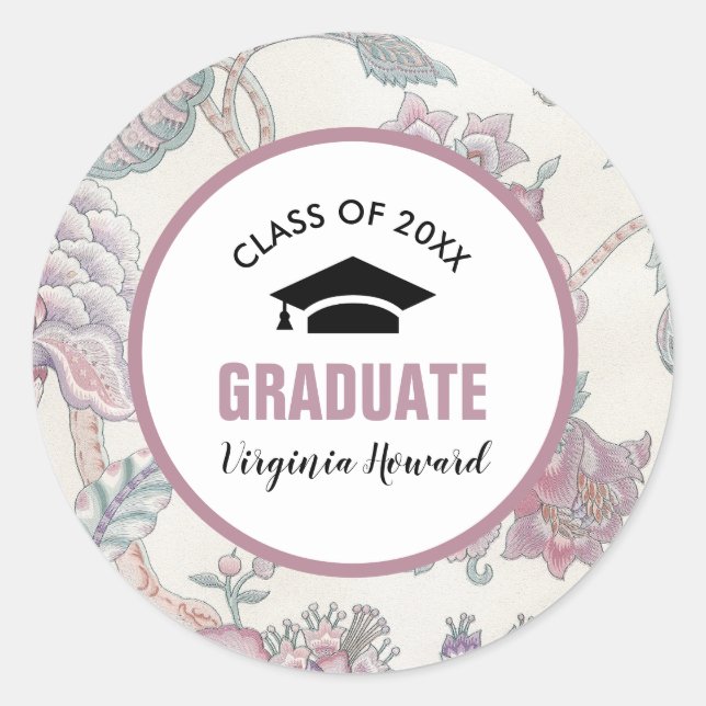 Floral Pattern Custom Graduation Classic Round Sticker (Front)