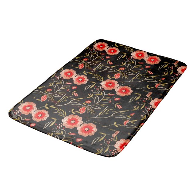 Floral Pattern Dark Background Pink Green red Bath Mat (Angled)