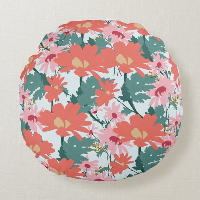 Floral Pattern Drawing Elegant Decorative Flowers Round Pillow (Front)