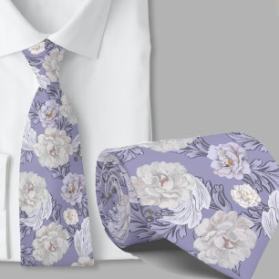 Floral Pattern Dusty Blue Large Flowers Necktie