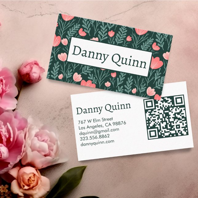 Floral Pattern Elegant Botanical Pink Green Business Card (Floral business cards with QR code)