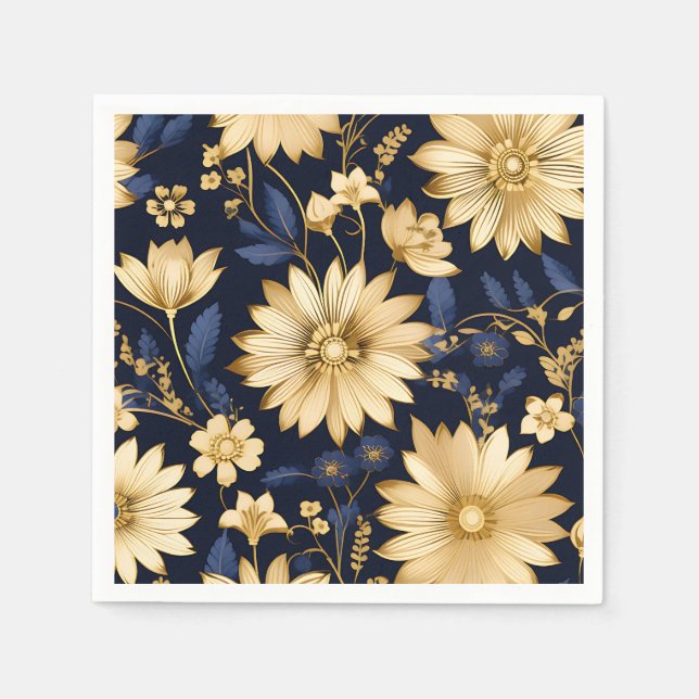 Floral Pattern Elegant Gold and Blue Napkin (Front)