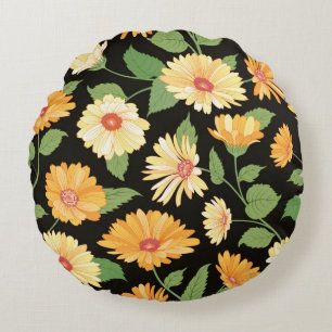 Floral pattern. Flower marigold seamless backgroun Round Pillow