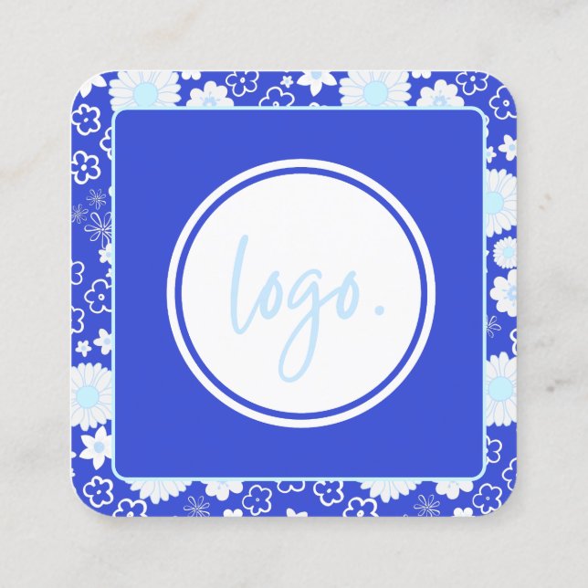 FLORAL PATTERN FLOWERS BLUE BUSINESS COMPANY LOGO SQUARE BUSINESS CARD (Back)