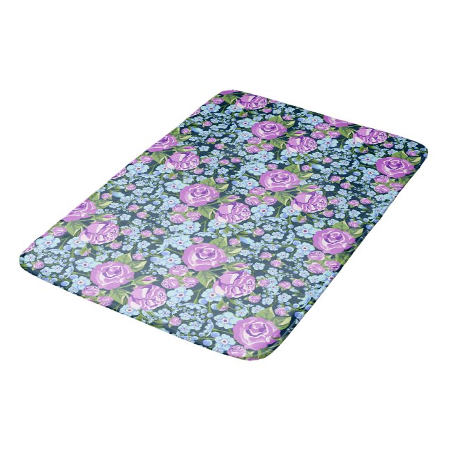 Floral Pattern Flowers in Full Bloom Blue Purple  Bath Mat (Angled)