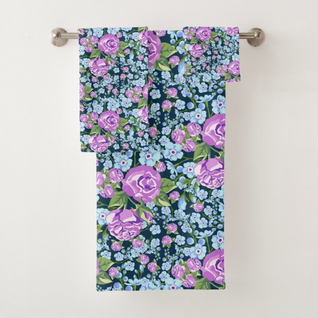 Floral Pattern Flowers in Full Bloom Blue Purple   Bath Towel Set (Insitu)