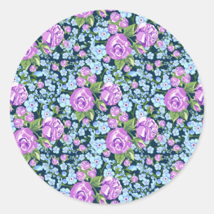 Floral Pattern Flowers in Full Bloom Blue Purple   Classic Round Sticker