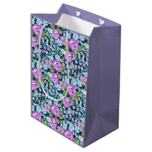 Floral Pattern Flowers in Full Bloom Blue Purple Medium Gift Bag