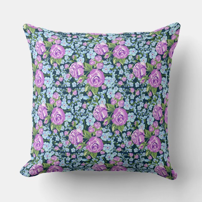 Floral Pattern Flowers in Full Bloom Blue Purple  Throw Pillow (Front)