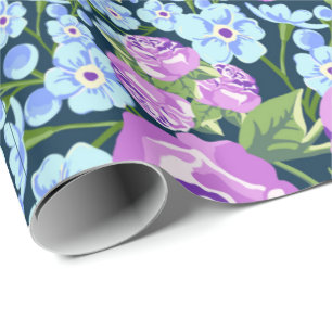 Floral Pattern Flowers in Full Bloom Blue Purple Wrapping Paper