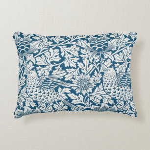 Floral Pattern Flowers Leaves Birds Blue Accent Pillow