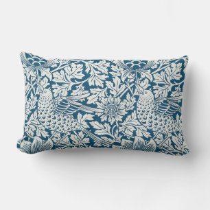 Floral Pattern Flowers Leaves Birds Blue Lumbar Pillow