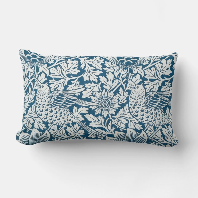 Floral Pattern Flowers Leaves Birds Blue Lumbar Pillow (Front)