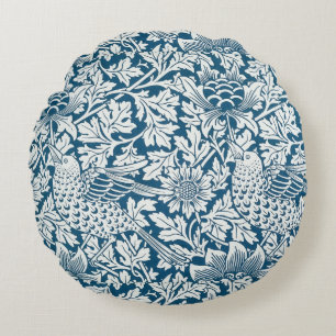 Floral Pattern Flowers Leaves Birds Blue Round Pillow
