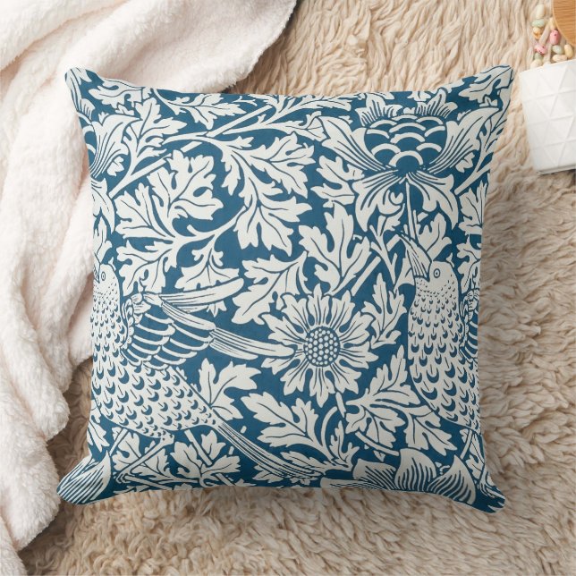 Floral Pattern Flowers Leaves Birds Blue Throw Pillow (Blanket)