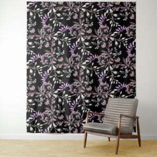 Floral Pattern Flowers Purple Black Background Tapestry