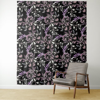 Floral Pattern Flowers Purple Black Background  Tapestry
