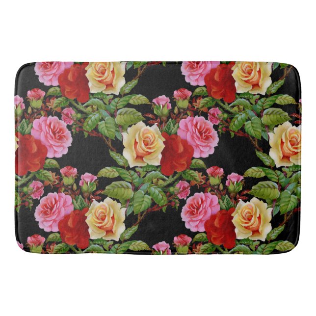 Floral Pattern Flowers Roses Red Pink Yellow Green Bath Mat (Front)