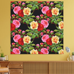 Floral Pattern Flowers Roses Red Pink Yellow Green Canvas Print