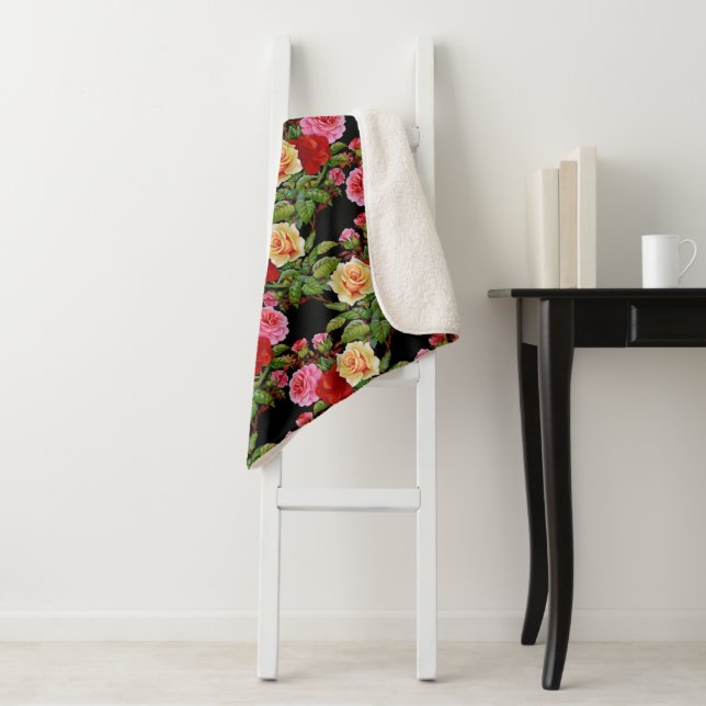 Floral Pattern Flowers Roses Red Pink Yellow Green Sherpa Blanket (In Situ)
