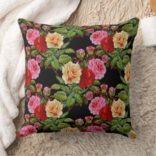Floral Pattern Flowers Roses Red Pink Yellow Green Throw Pillow