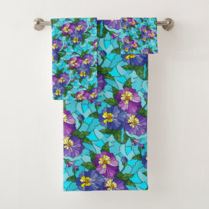 Floral Pattern Foliage Lavender Periwinkle Yellow  Bath Towel Set