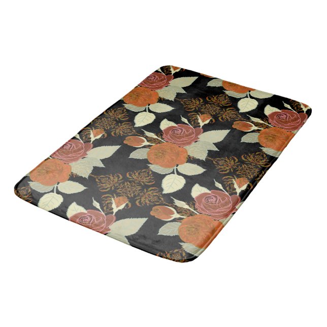 Floral Pattern Foliage Roses on Black Background   Bath Mat (Angled)